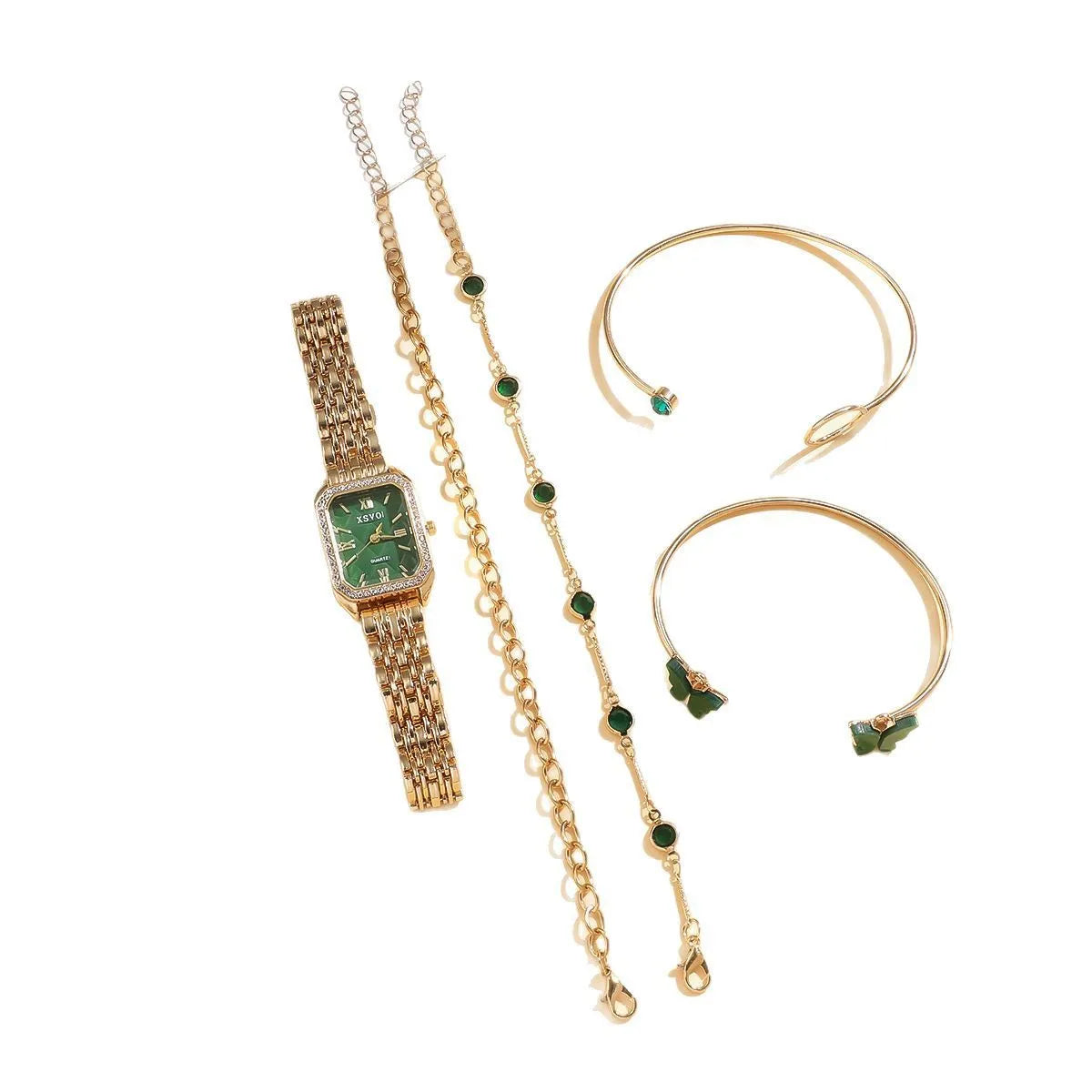 Gold green square steel women's watch with four matching alloy bracelets