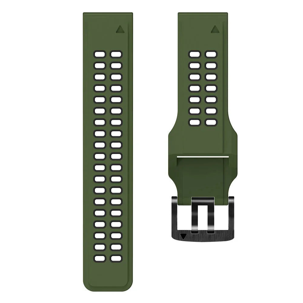 Two-tone quick-release silicone watch strap with pin buckle in black and orange colour