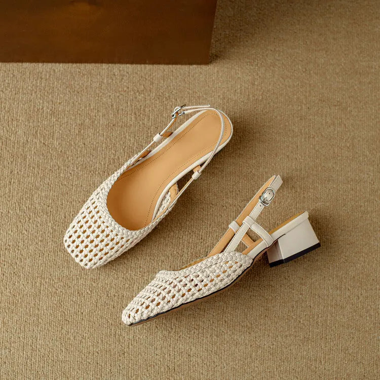 Women's beige woven sandals with a closed square toe, chunky block heel, and an adjustable buckle strap across the foot.