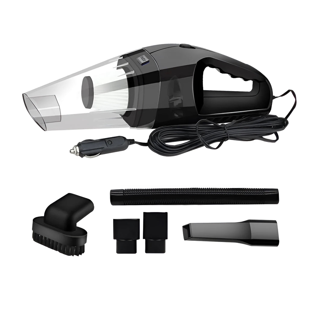12V handheld car vacuum cleaner in orange, black, or blue with multiple nozzles and a long power cable.