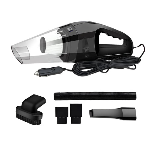 12V handheld car vacuum cleaner in orange, black, or blue with multiple nozzles and a long power cable.