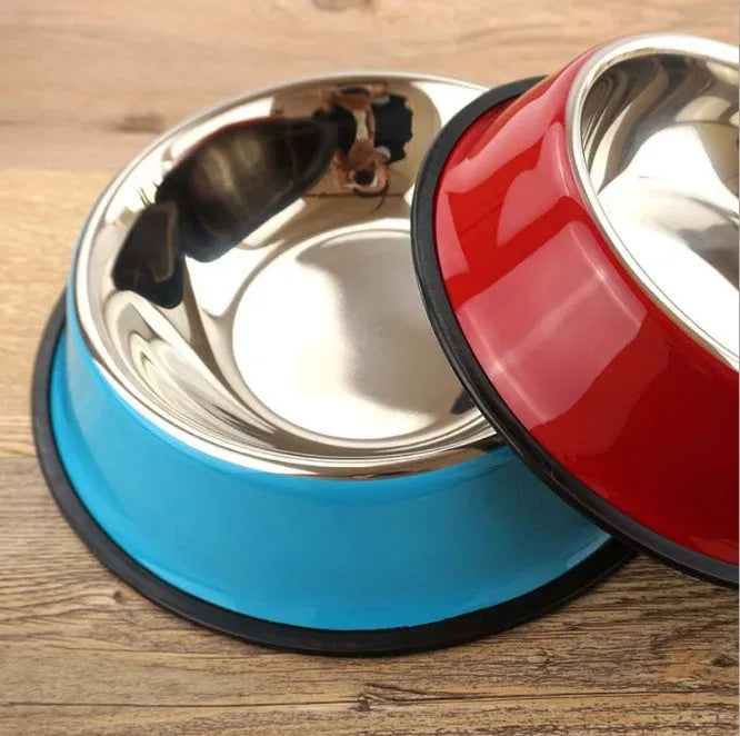 Pet feeding bowl with stainless steel inner, colourful melamine outer, and anti-slip rubber base