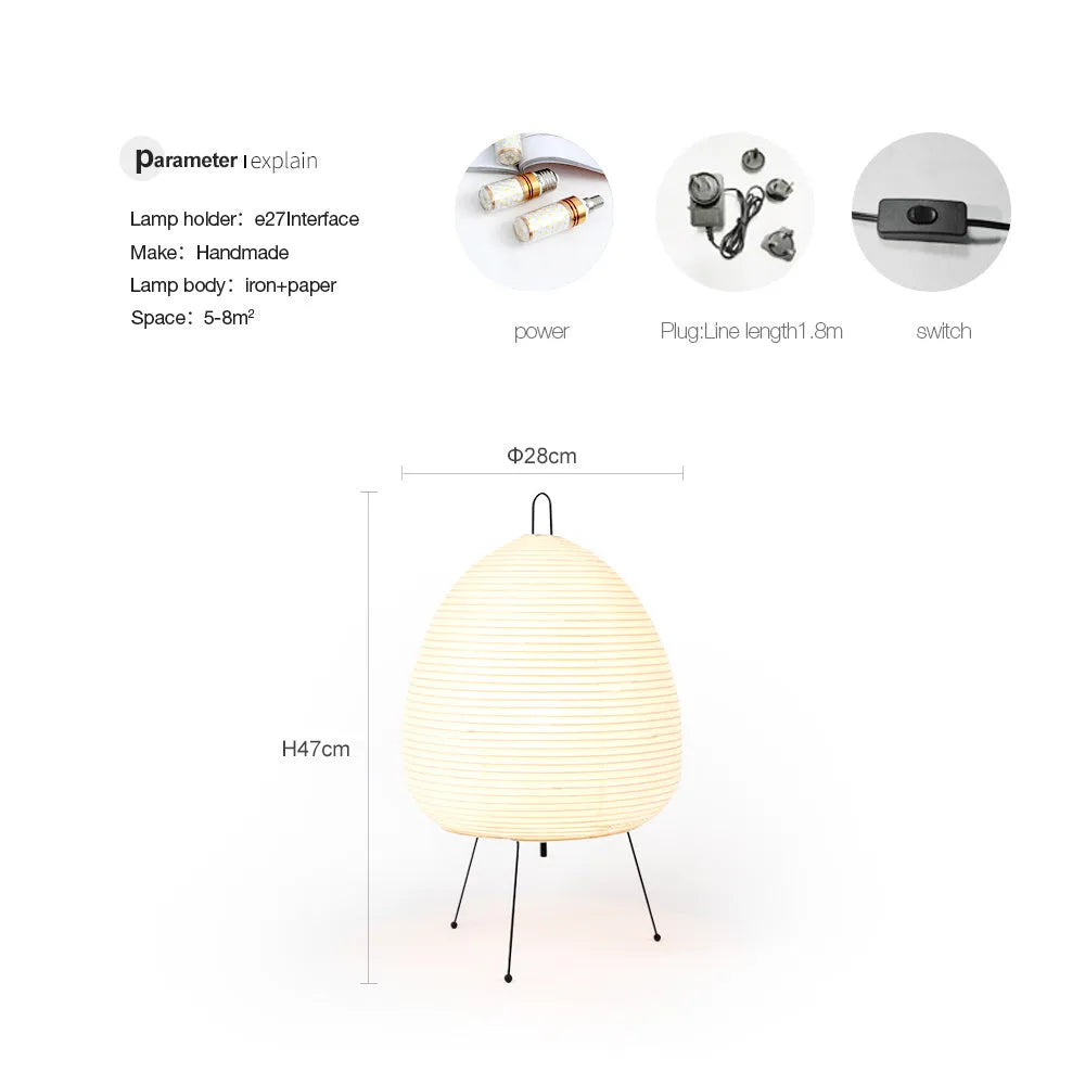 Handmade Nordic-style table lamp with a Japanese rice paper shade and aluminium base on a wooden table