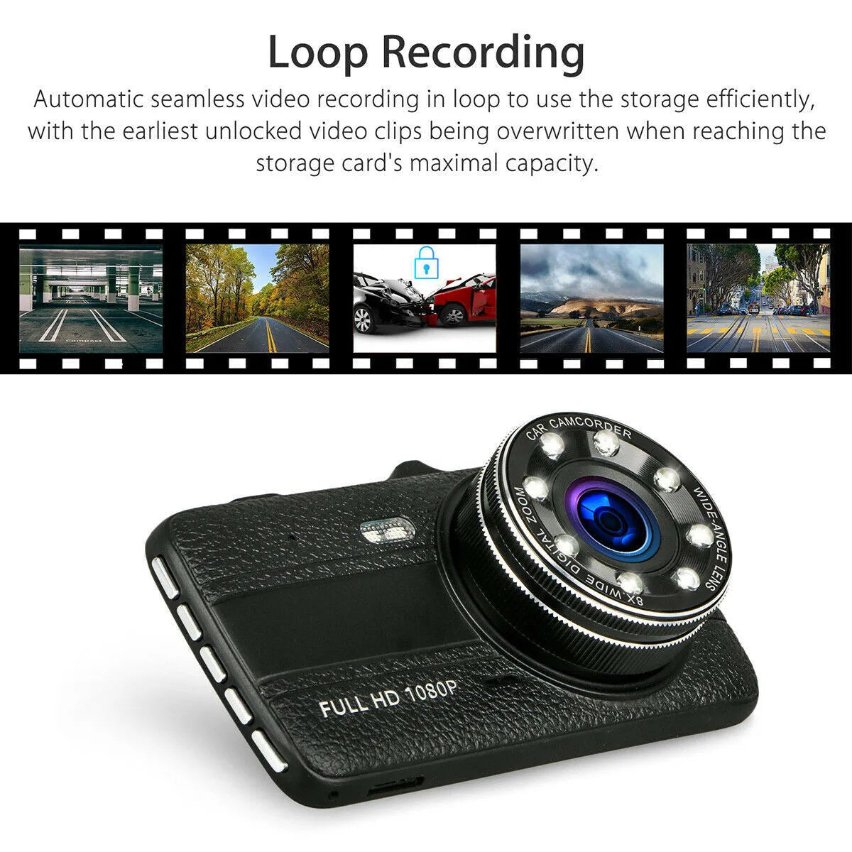 HD driving recorder with eight night vision lights and 4.0 inch screen installed on car windscreen