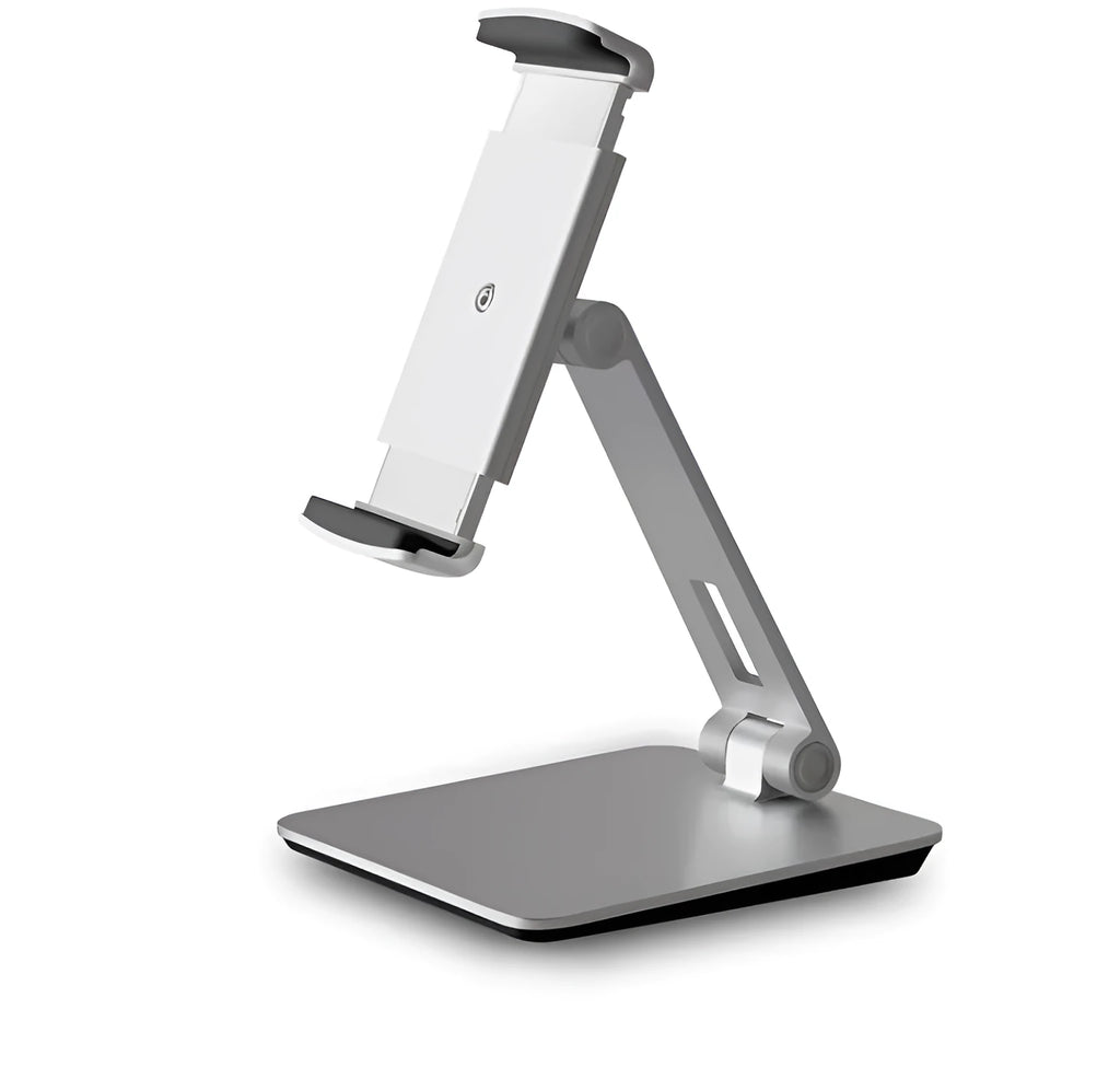 Folding aluminium desktop phone tablet holder with 360-degree rotation in silver colour