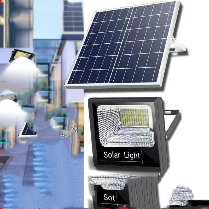 Black solar LED flood light with multiple wattage options and remote control for outdoor garden use