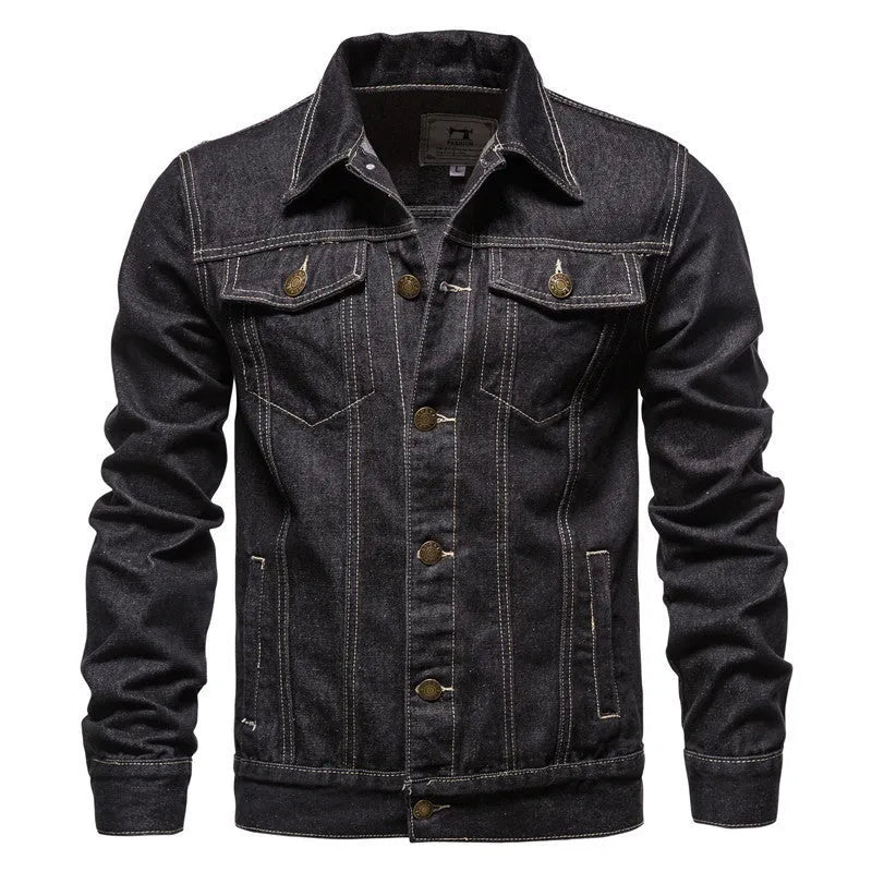Men's denim jacket in black with lapel collar, single-breasted placket, and long sleeves, front view