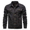 Men's denim jacket in black with lapel collar, single-breasted placket, and long sleeves, front view