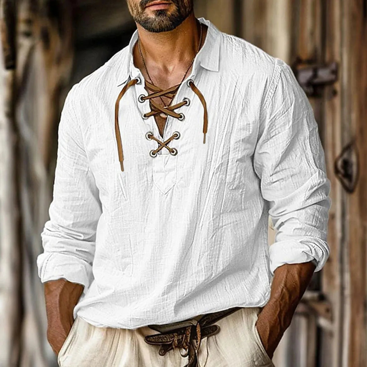 Men's plus size loose fit linen shirt with lapels and lace detail on long sleeves