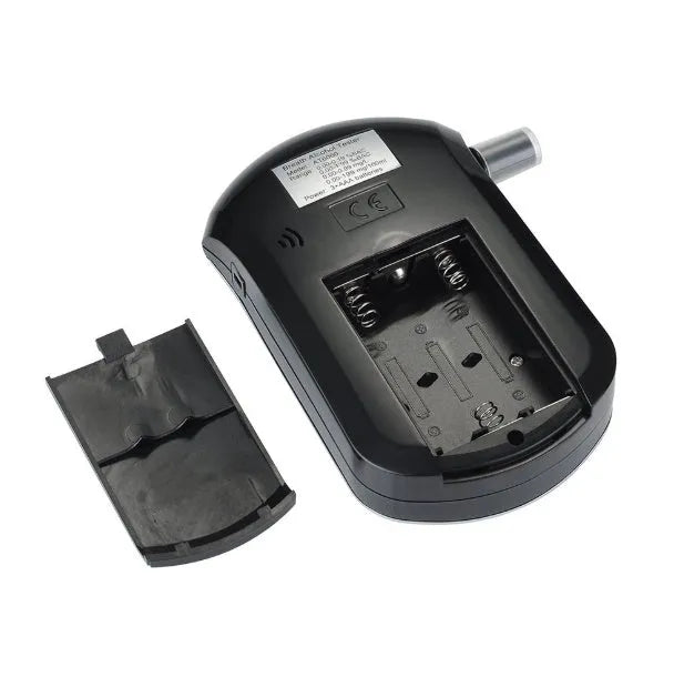 Black portable breath alcohol tester with digital display and five mouthpieces for drink-drive prevention