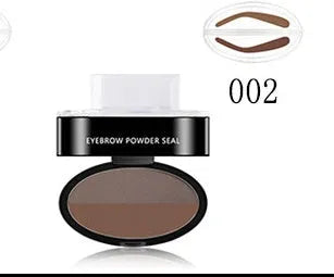 Eyebrow powder stamp with dual powders and reusable stencils in dark brown and light brown shades.