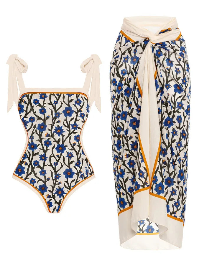 Women's printed chiffon two-piece swimsuit set with matching hip skirt