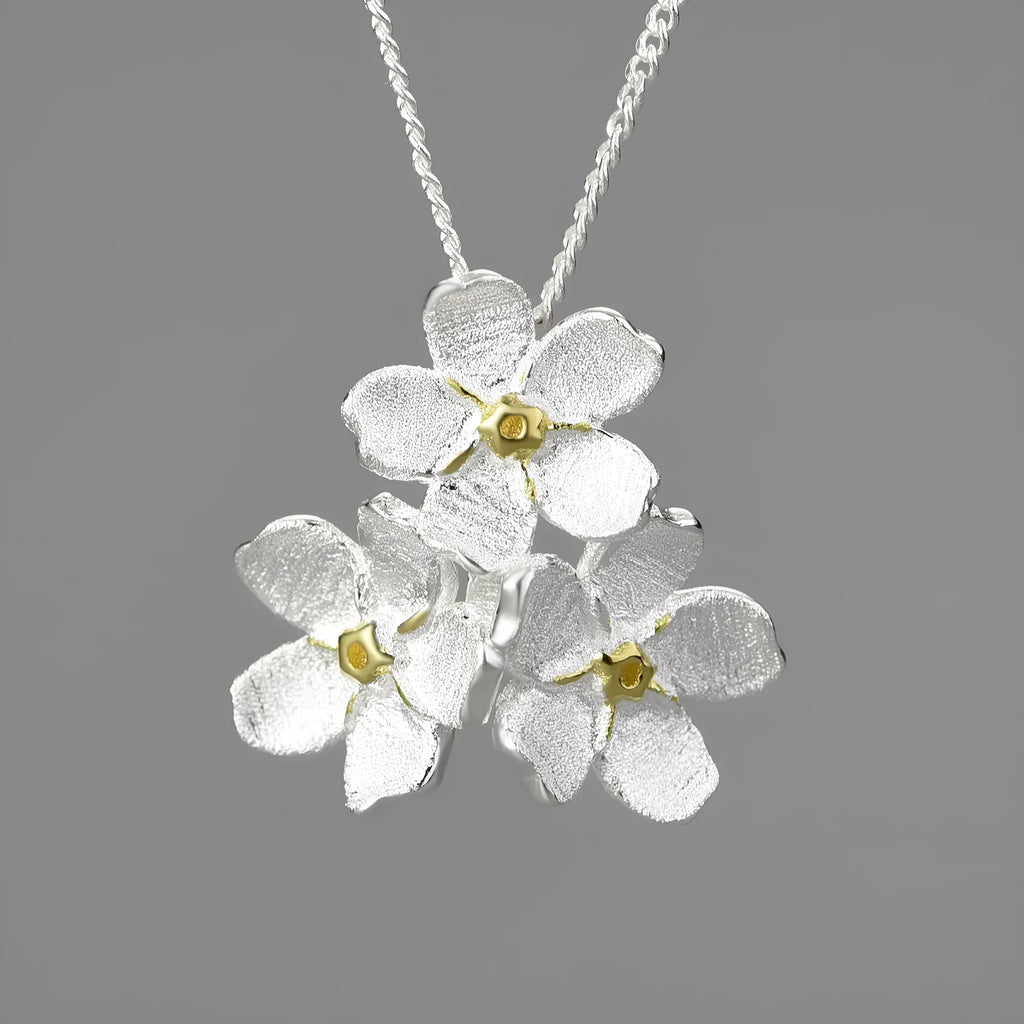 Myosotis Sylvatica forget-me-not flower sterling silver pendant with pastoral hand-designed details
