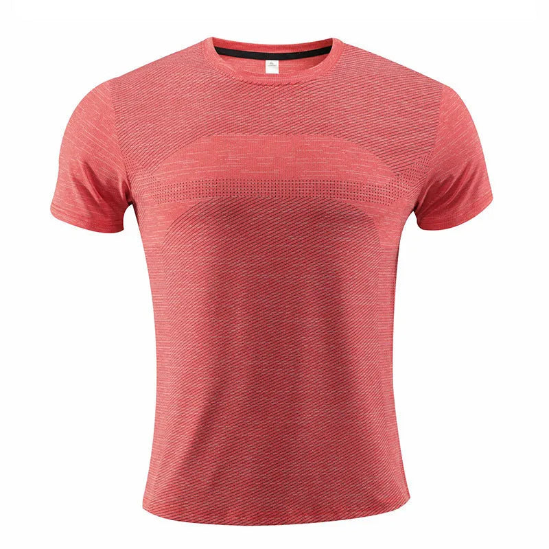 Men's red polyester spandex short sleeve sports t-shirt for running and basketball.