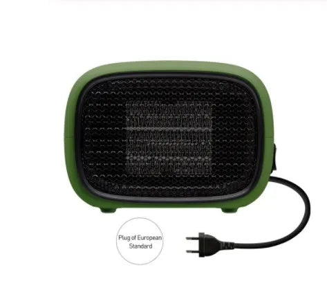 Green mini ceramic heater with compact design showing dimensions and ventilation grille