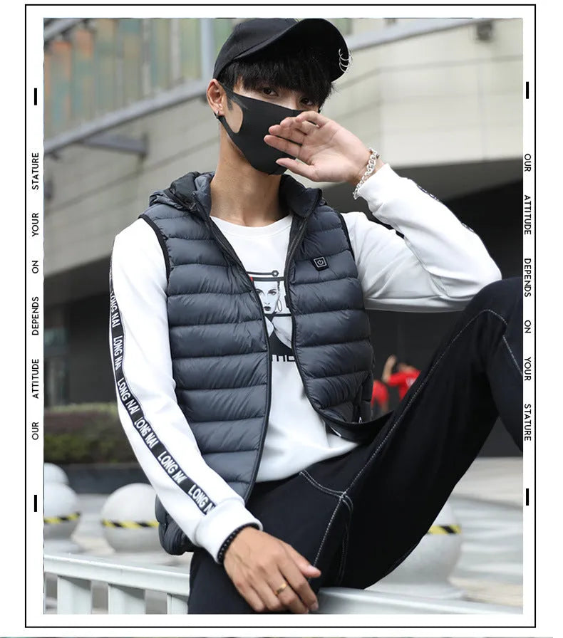 Heated cotton vest with carbon fibre heating element in black, available in sizes L to 4XL