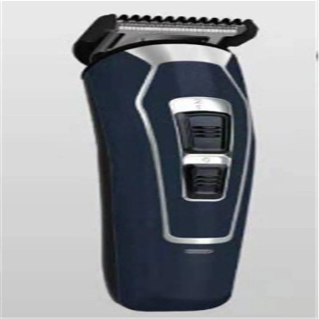 Dark blue and coffee coloured rechargeable electric hair clipper with USB charging cable.