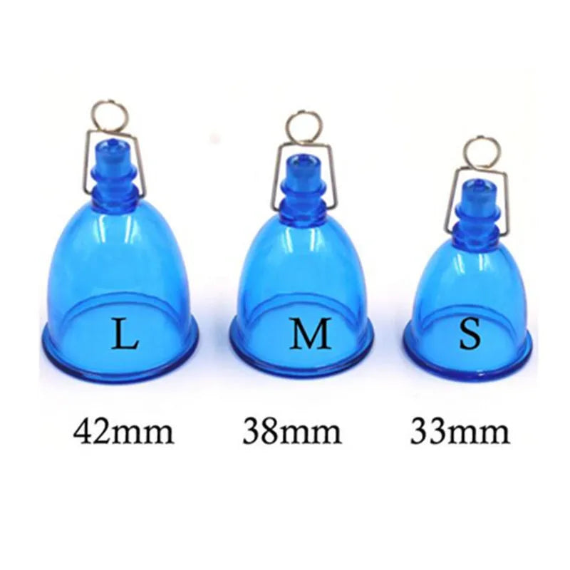 Blue silicone male masturbator cup available in small, medium, and large size options