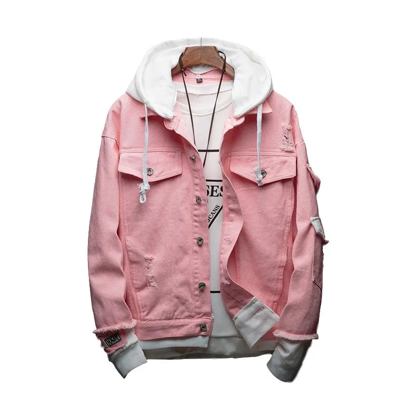 Hooded denim jacket in Korean loose fit style, cotton 90%, straight hem, available in pink, light green, black, sizes M to 3XL