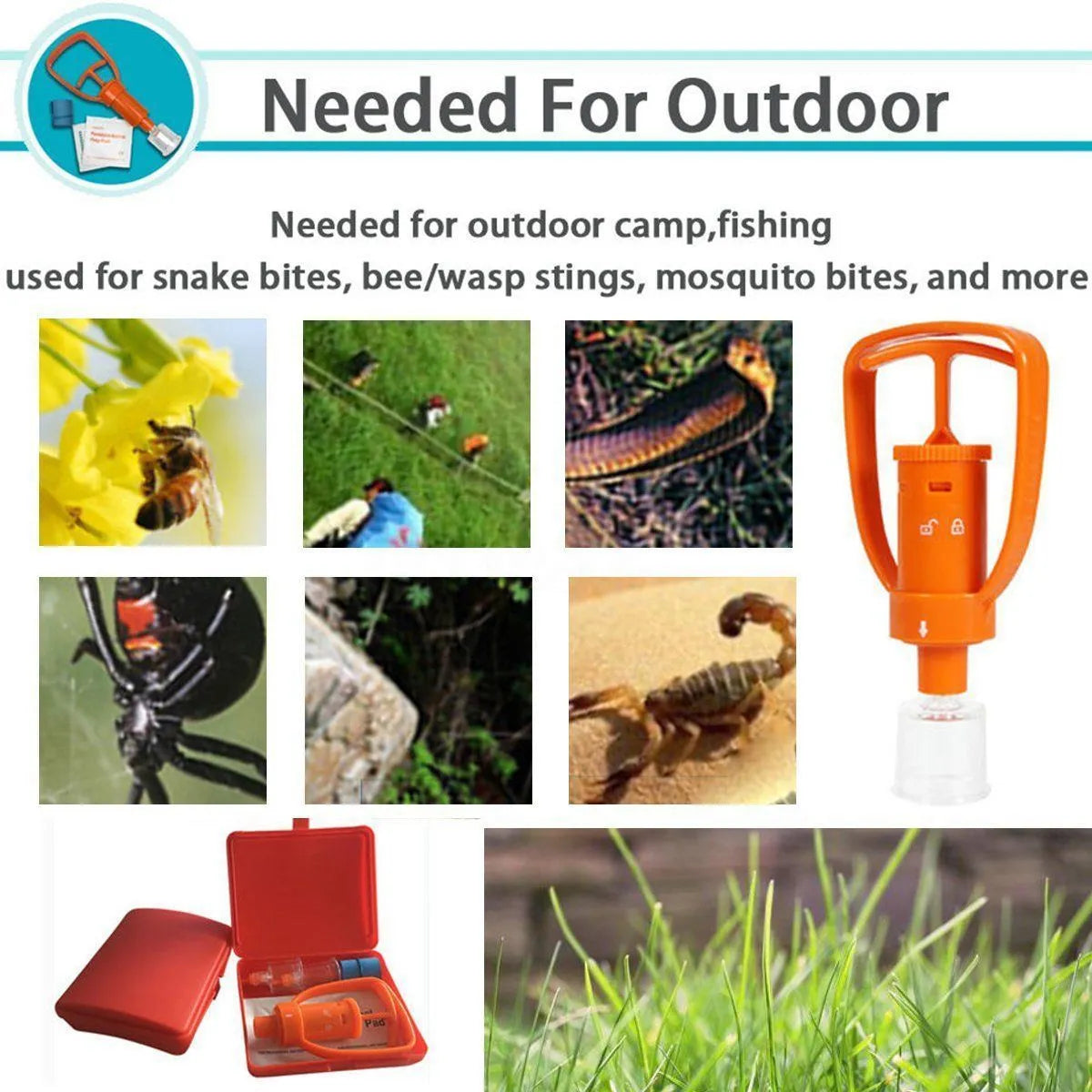 Orange emergency venom vacuum suction device with two cup sizes and accessories for outdoor bite treatment