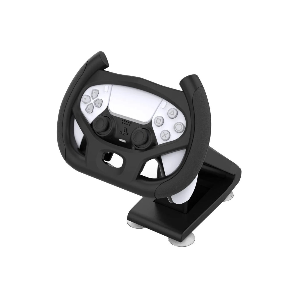 Black ABS plastic gamepad steering wheel bracket with suction cup for mounting a mobile phone.