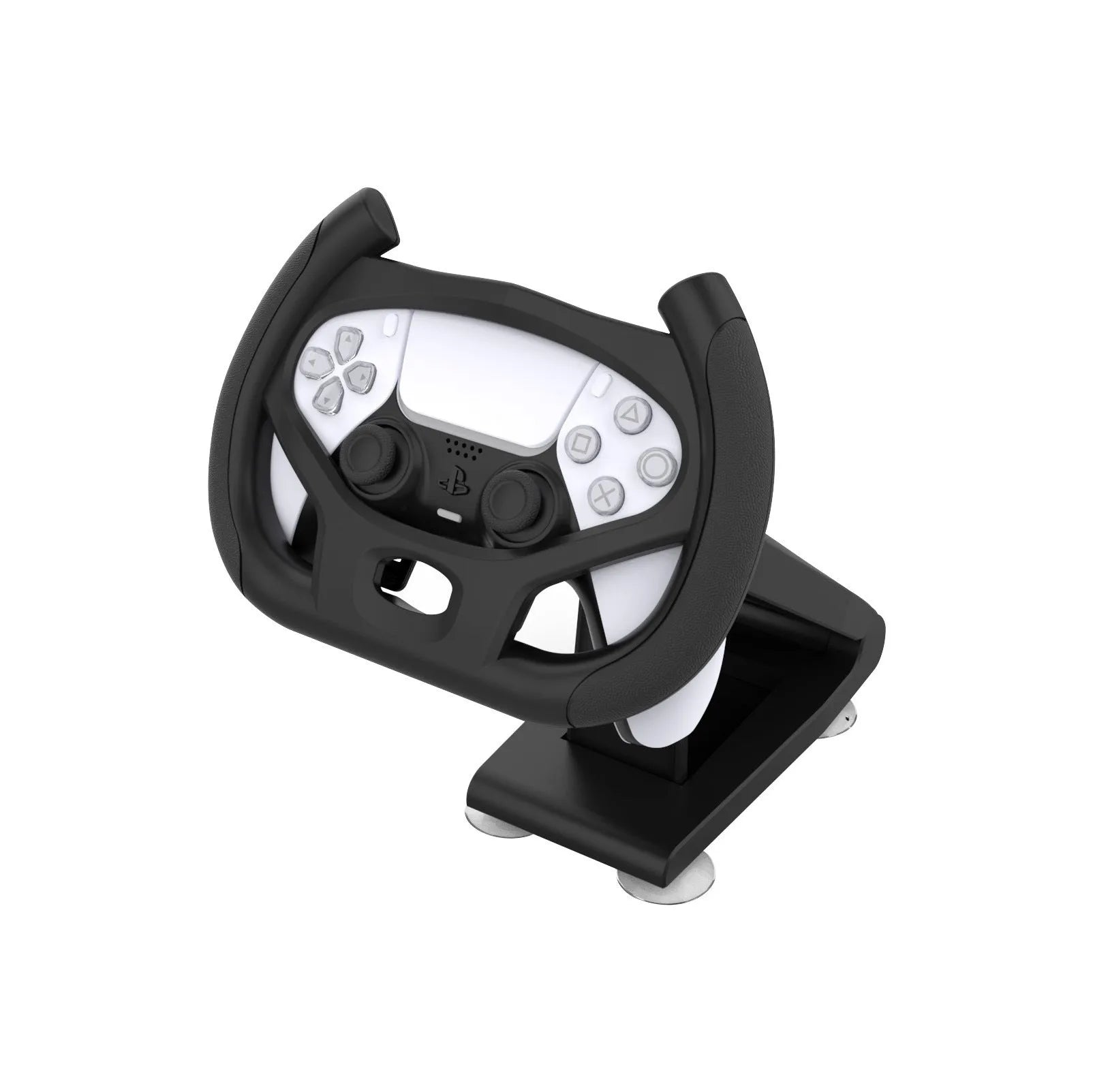 Black ABS plastic gamepad steering wheel bracket with suction cup for mounting a mobile phone.