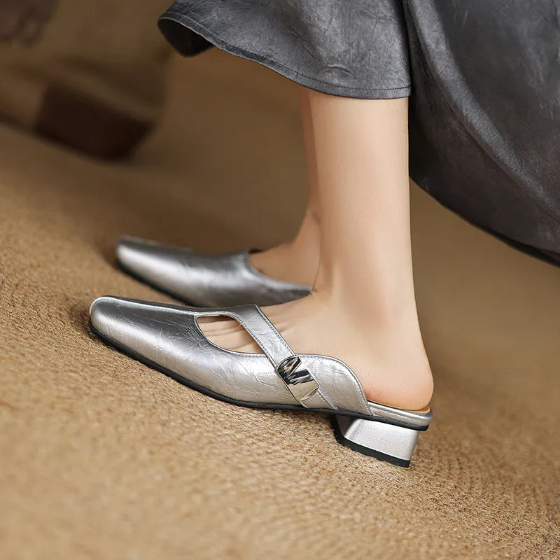 Square-toe casual slipper with low heel in beige, showing artificial PU upper and rubber sole.