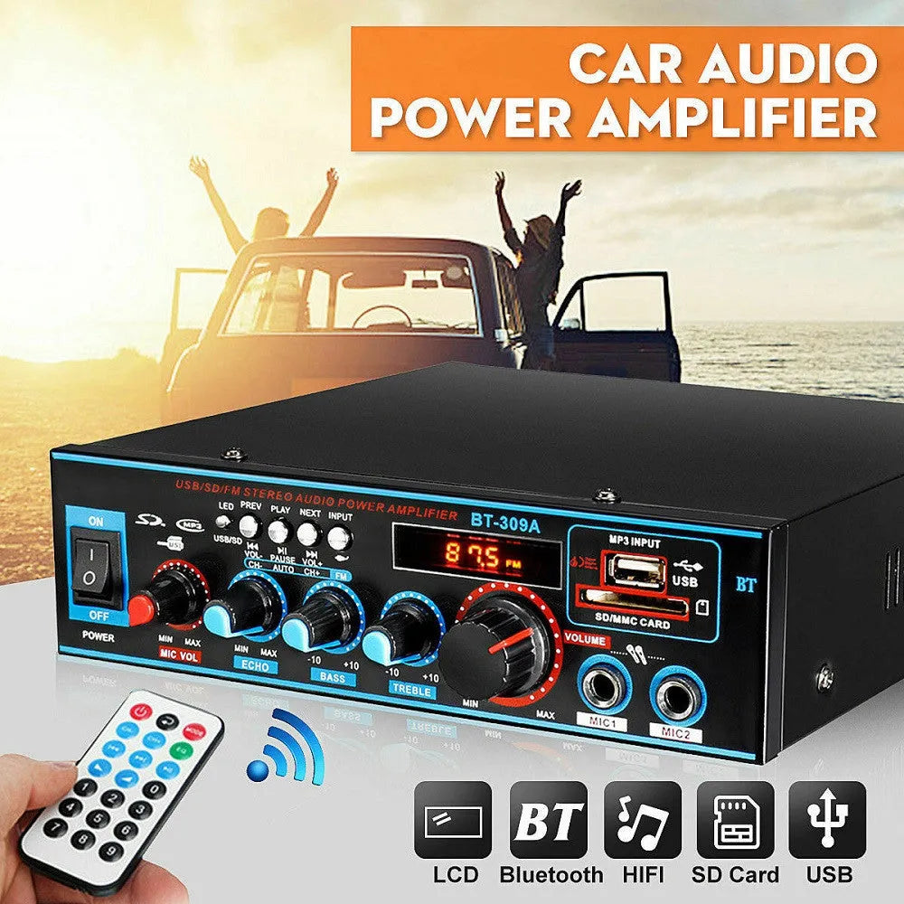 Black BT-309A-A Bluetooth and FM power amplifier with remote control for home or car.