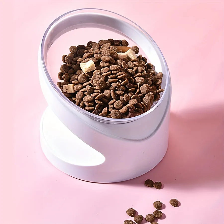 Clear plastic tilted cat food dish on a 7cm tall white plastic elevated base.