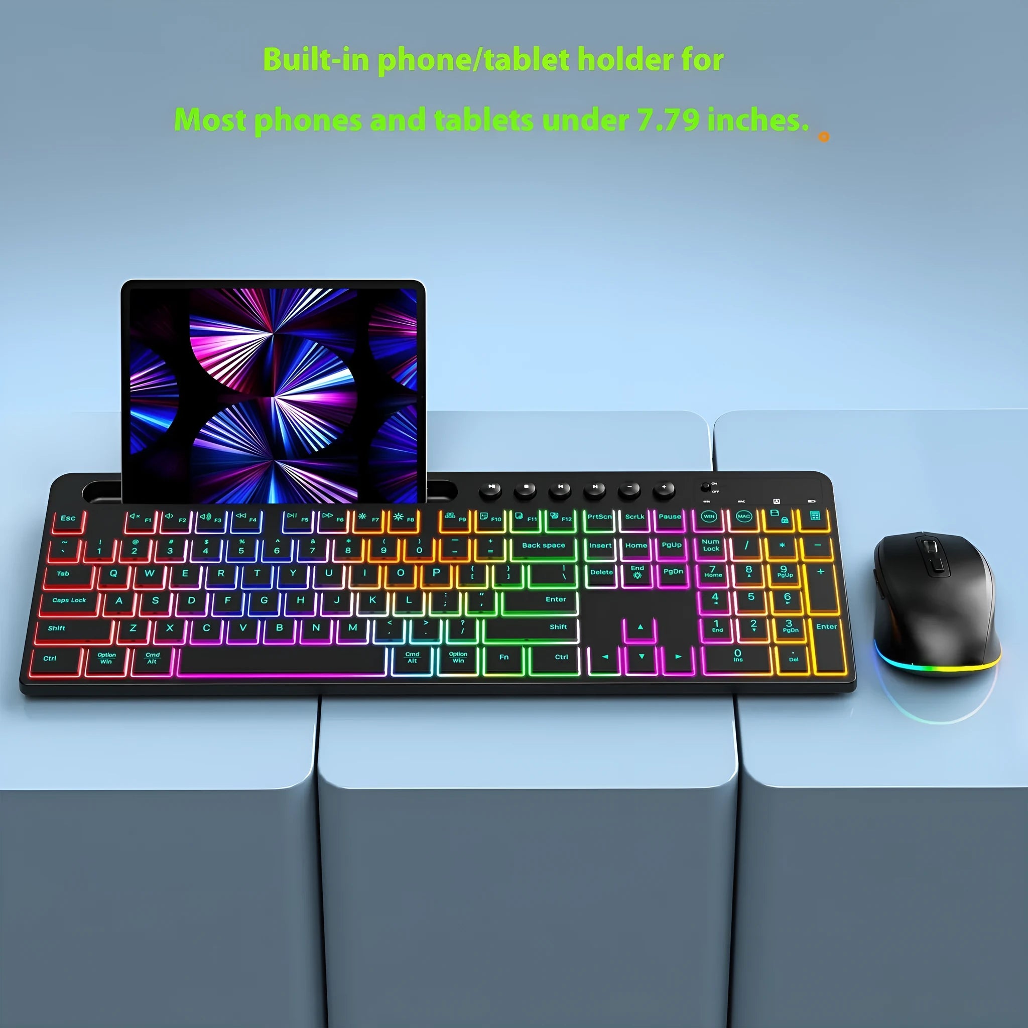 Wireless keyboard and mouse set with luminous keys and card slot on a desk