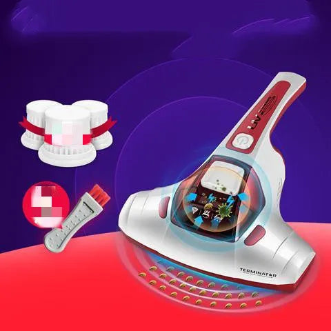Pink handheld vacuum cleaner with UV-C light for mite removal on a sofa.
