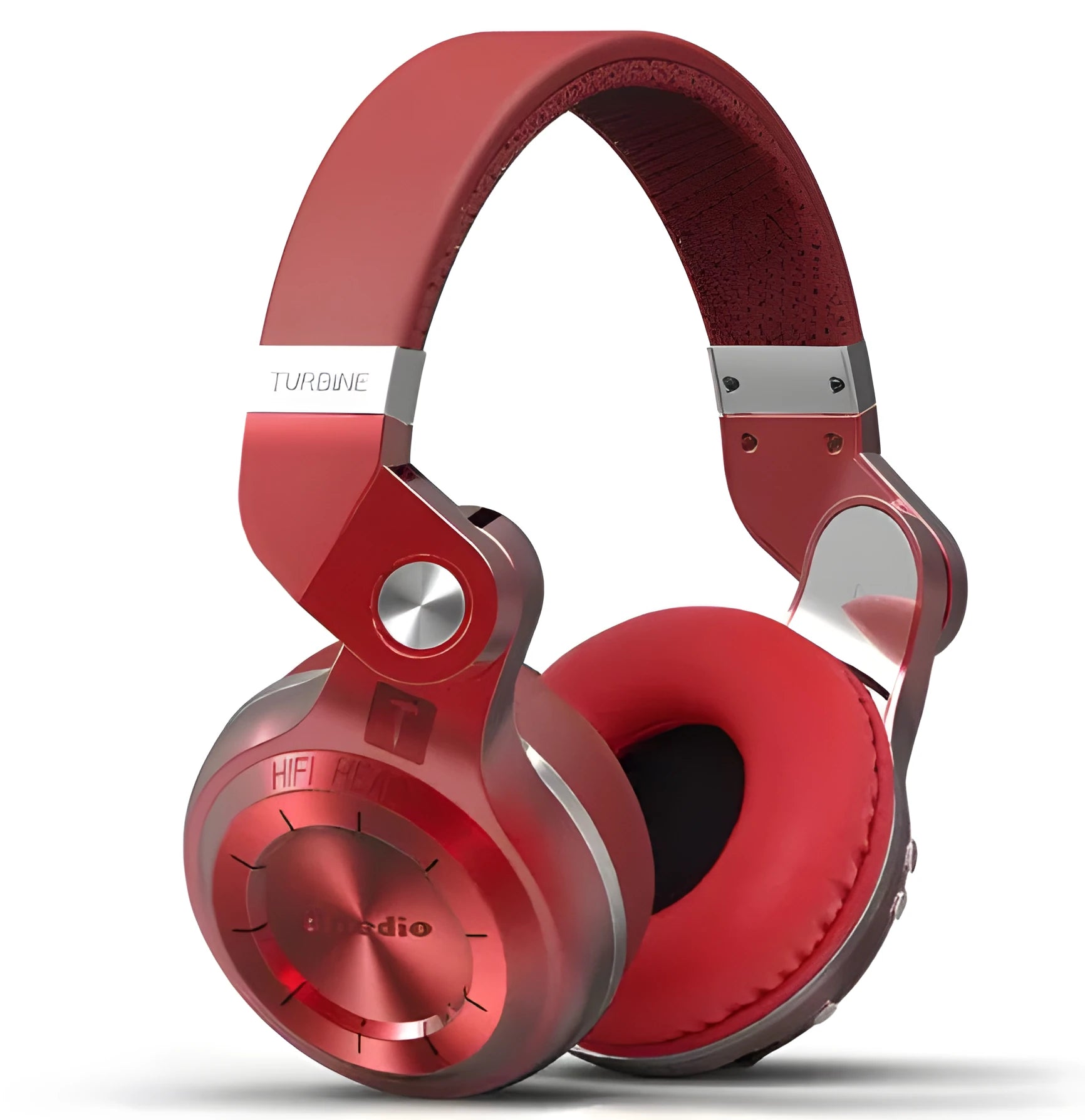 Bluedio T2 Plus on-ear Bluetooth headset in blue, showing headband, ear cups, and cabling.