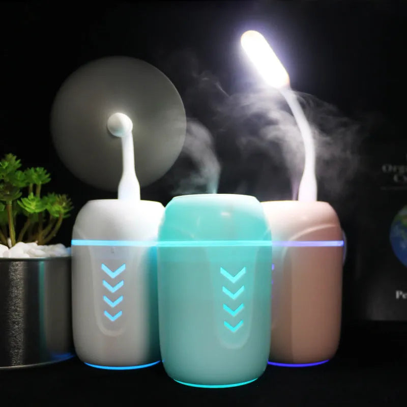 X3 portable car humidifier with columnar shape in blue, showing USB cable and 200ml water tank capacity.