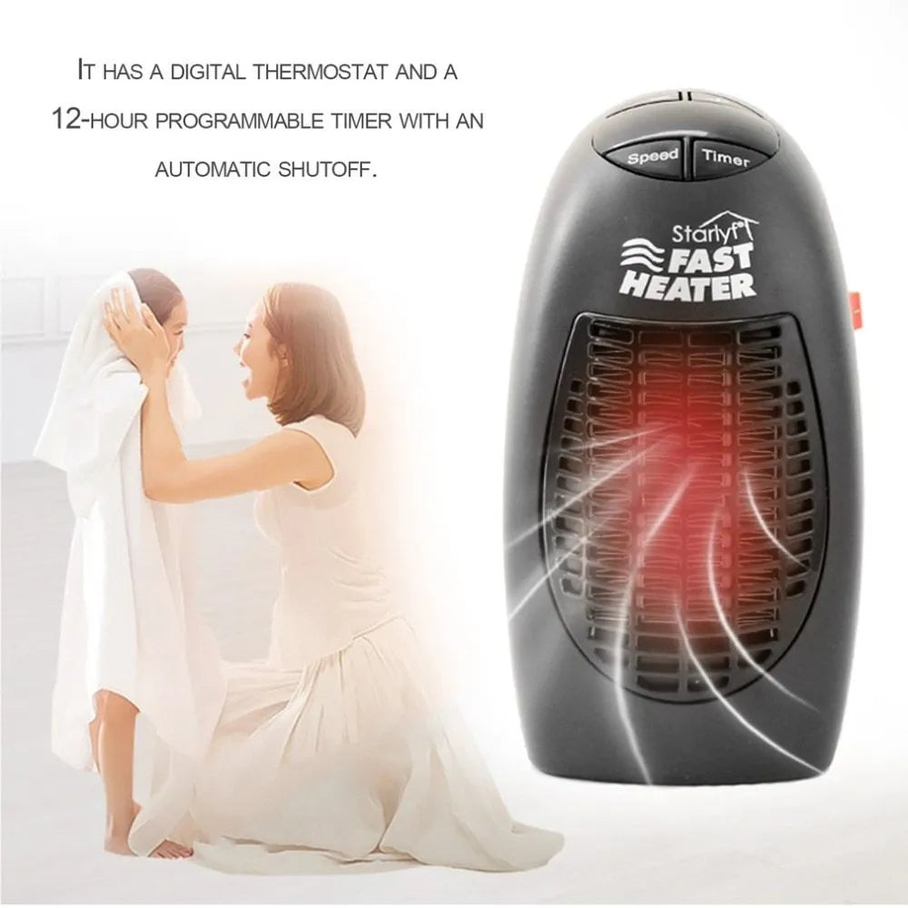 Black mini ceramic electric heater with digital display and a rotating three-prong plug on a white background.