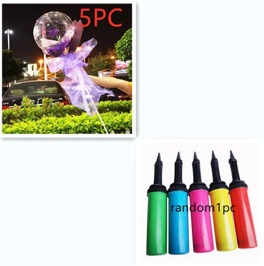 Transparent LED luminous balloon with artificial rose and built-in light, shown as a DIY bouquet kit.