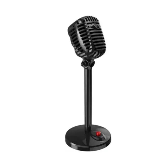 Black USB condenser microphone on an adjustable stand with a foam pop filter and weighted base.
