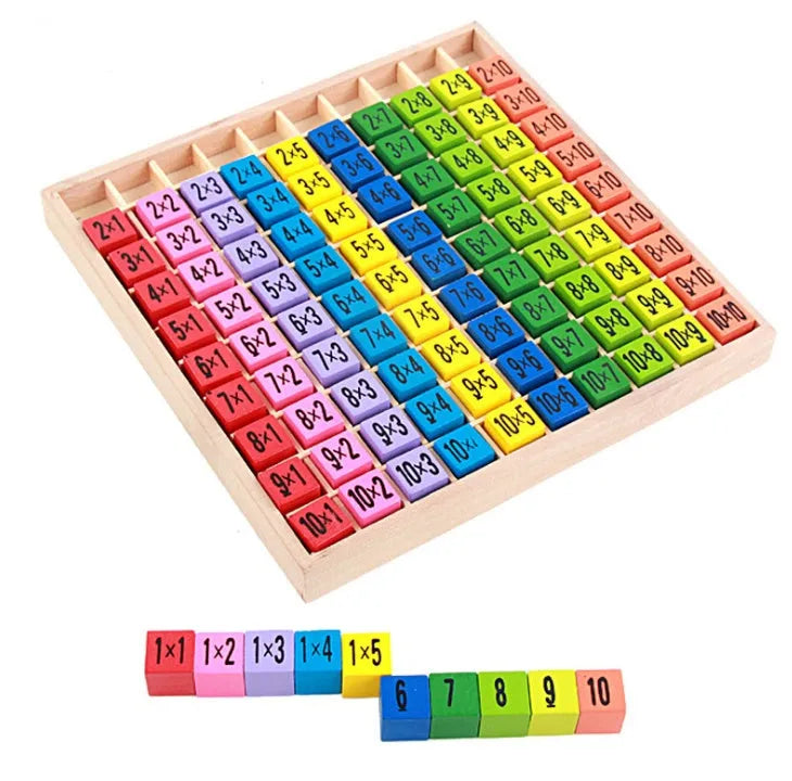 Wooden multi-coloured multiplication table with numbered cubes and base board