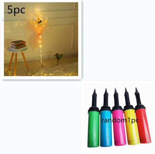 Transparent LED luminous balloon with artificial rose and built-in light, shown as a DIY bouquet kit.