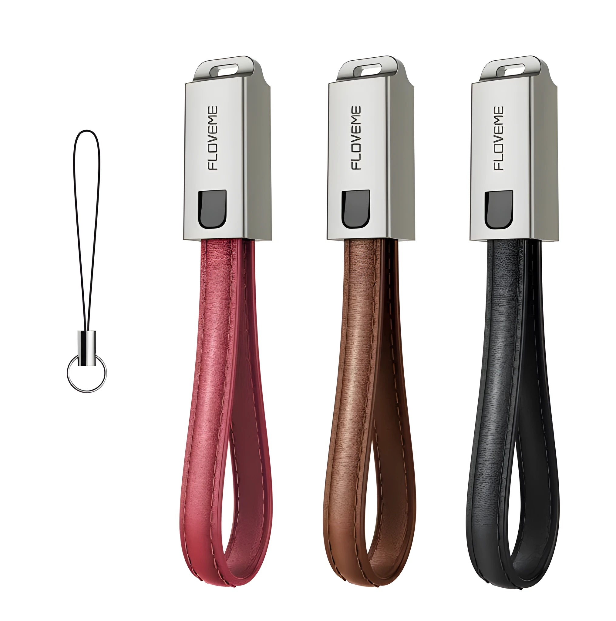 20cm leather iPhone charging cable with zinc alloy connectors in black, brown, or red
