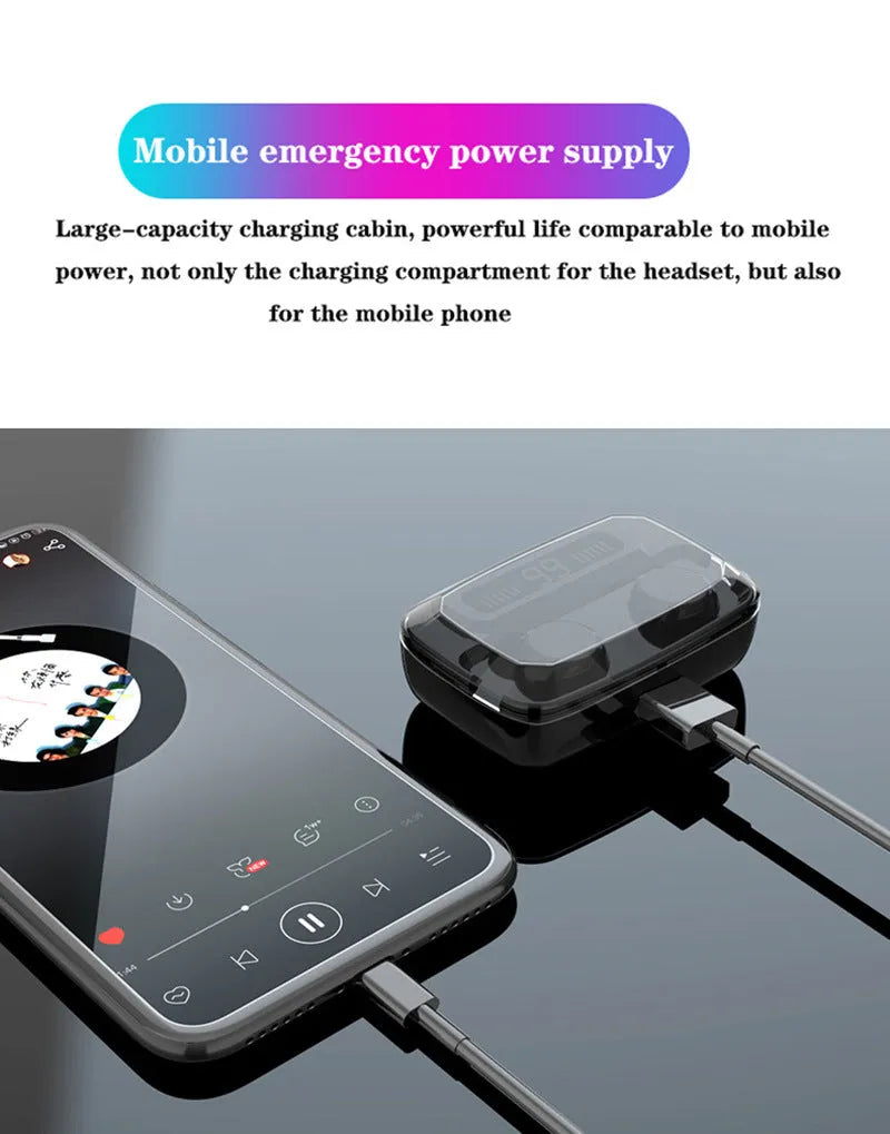 Black M11 Bluetooth wireless headset with digital display and charging case