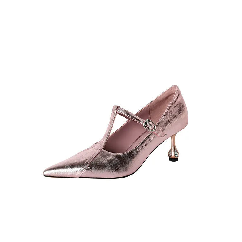 Genuine leather women's Mary Jane pumps with chunky heel in gun colour and pink options