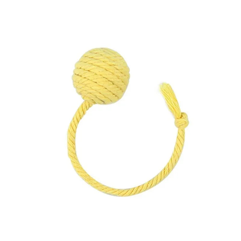 Colourful cat toy ball with rope handle and internal bell in 6cm or 3cm sizes