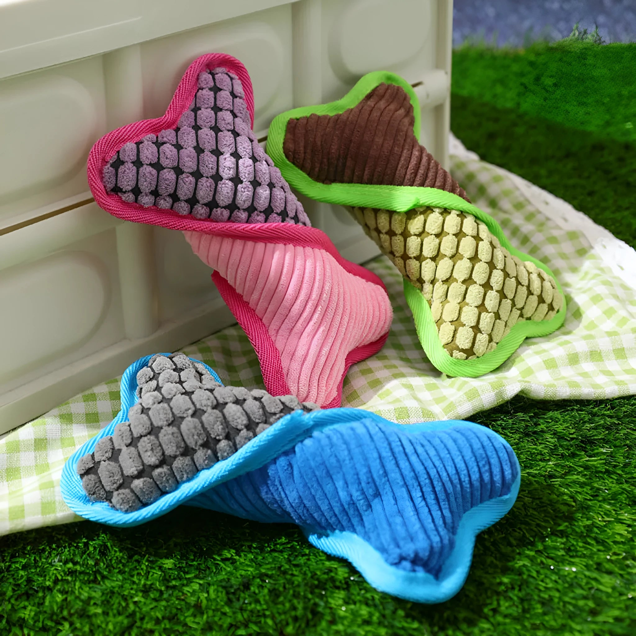 Blue teddy dog toy with a squeaking bone model and corn fleece lining.