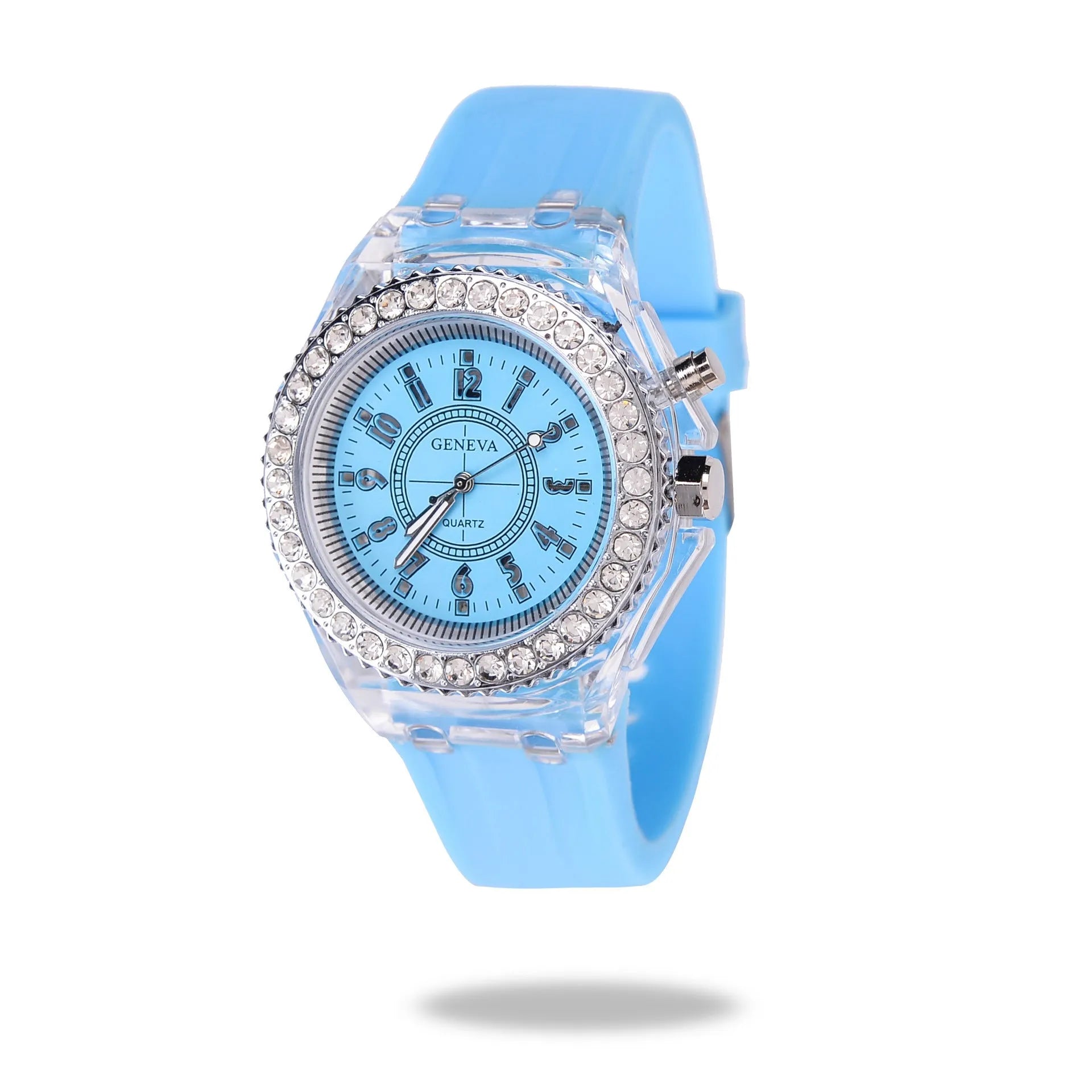Women's LED luminous watch with round 43mm dial and coloured silicone strap