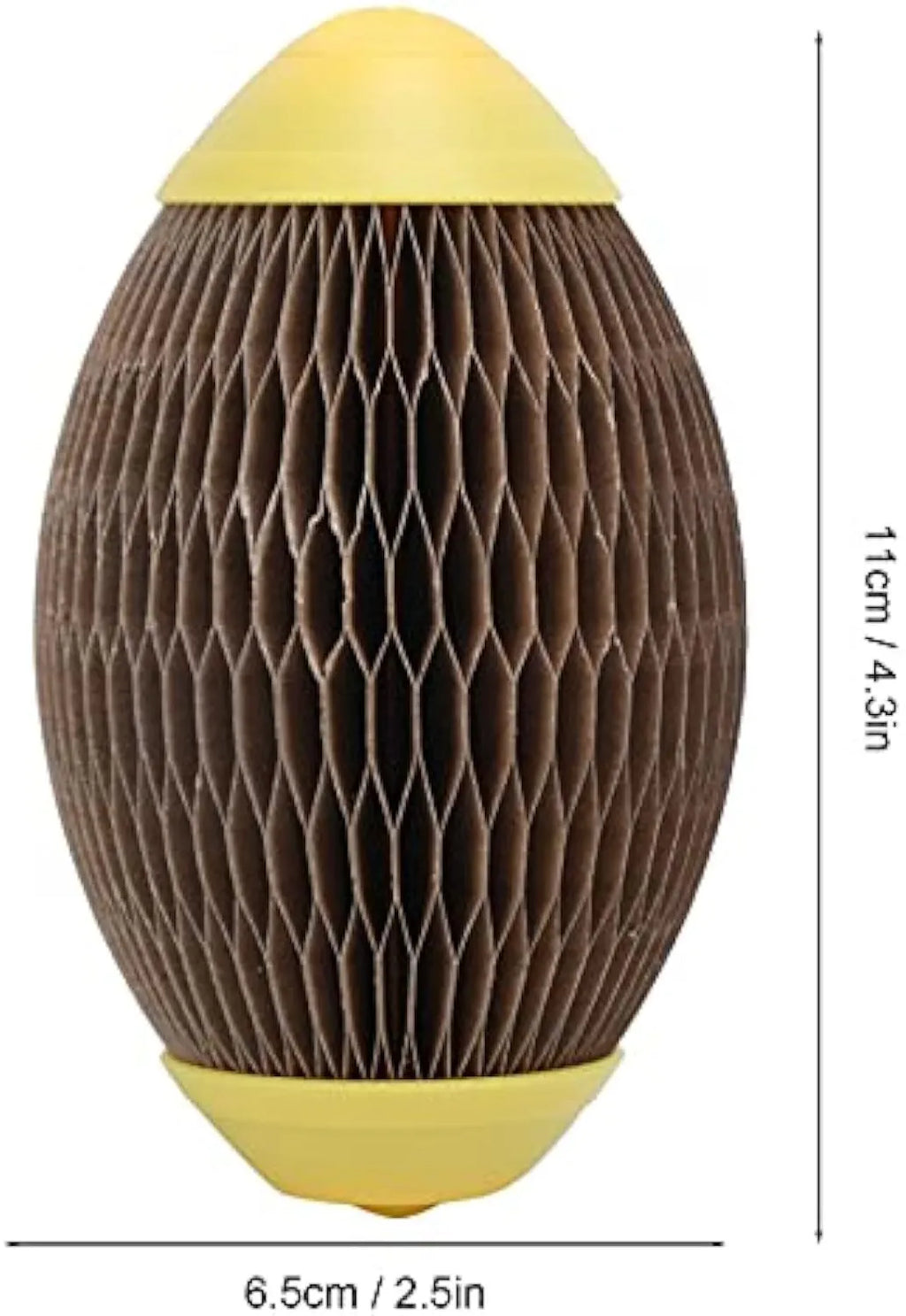 Elliptical catnip ball toy made from brown recycled corrugated paper for scratching and play.