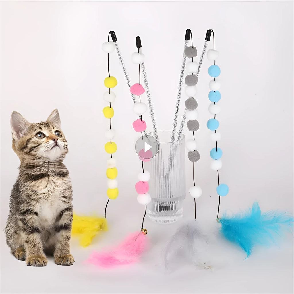 Colourful cat teaser toy rod with bell, feathers and pompons on 31cm stick
