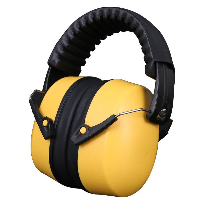 Orange headband-style noise-cancelling earmuffs with adjustable elastic band and fabric ear cushions