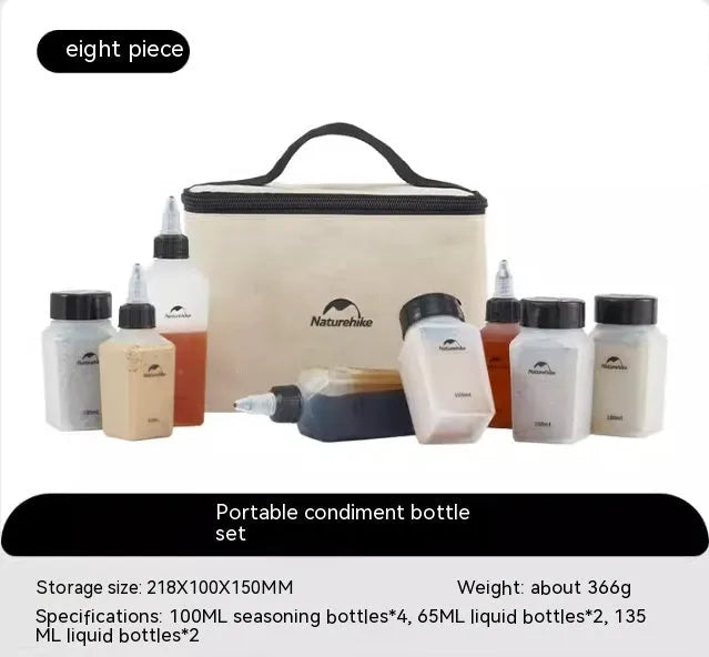 Naturehike outdoor seasoning bottle set showing six white PP containers with modern simple design