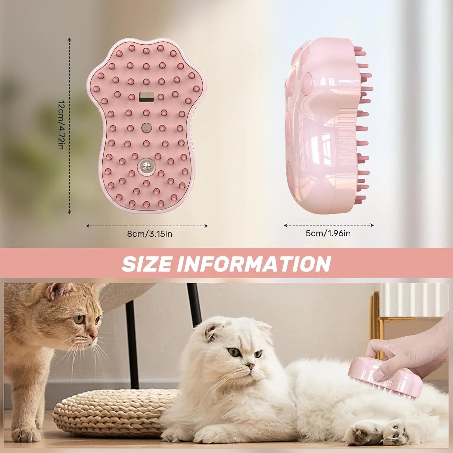 Blue self-cleaning cat steam brush with silicone bristles and a spray nozzle.