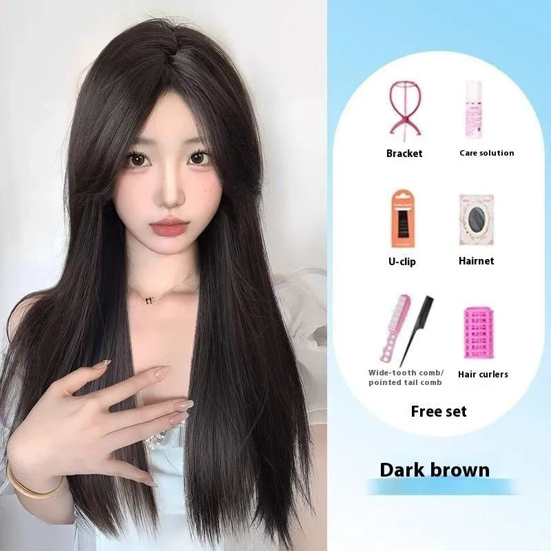 Long straight black wig with forehead lace and side bangs made from high temperature fibre.